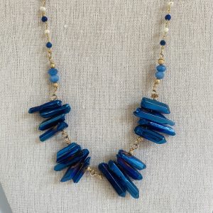 Collar piedra de mina, perlas y cristales, cadena laminado de oro 14K