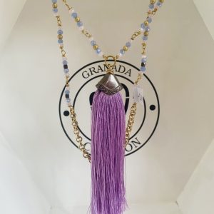 Collar de borla de seda y cristales, laminado de oro 10K