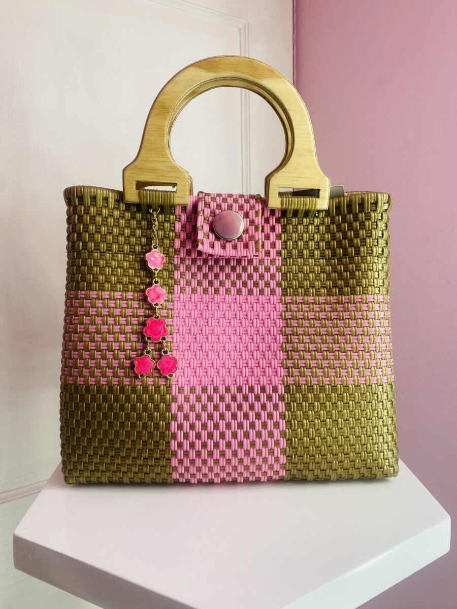 Bolsa artesanal Mediana con asa de madera (oro, rosa)