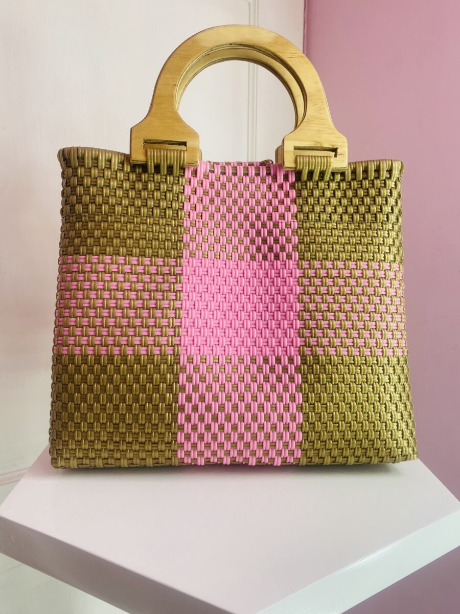 Bolsa artesanal Mediana con asa de madera (oro, rosa) - Imagen 3