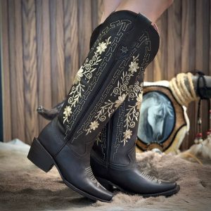 Bota vaquera alta de piel bordado dorado (PREVENTA)