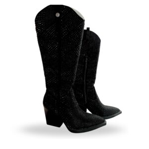 Bota alta con pedrería brillante en negro
